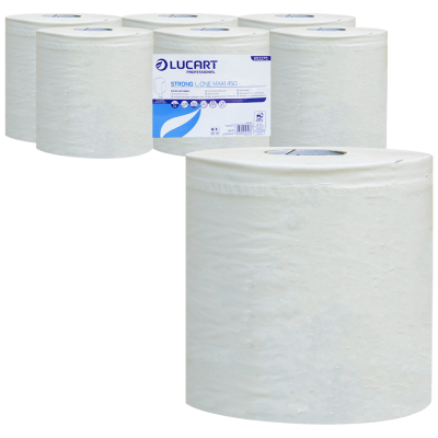 Rola prosop de hartie, alba, pentru dispenser cu extragere centrala, Lucart L-One Maxi, 2 straturi, 6 role, 450 foi